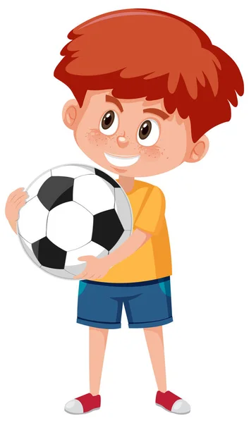 Chlapec Drží Fotbalové Kreslené Postavičky Izolované Bílém Pozadí Ilustrace — Stockový vektor