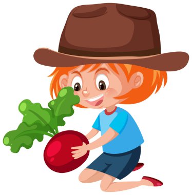 Çocuk çizgi film karakteri elinde meyve ya da sebze tutarken beyaz arkaplanda izole edilmiş.