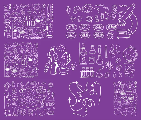 Набор Объектов Символов Нарисованных Вручную Фиолетовой Фоновой Иллюстрации — стоковый вектор