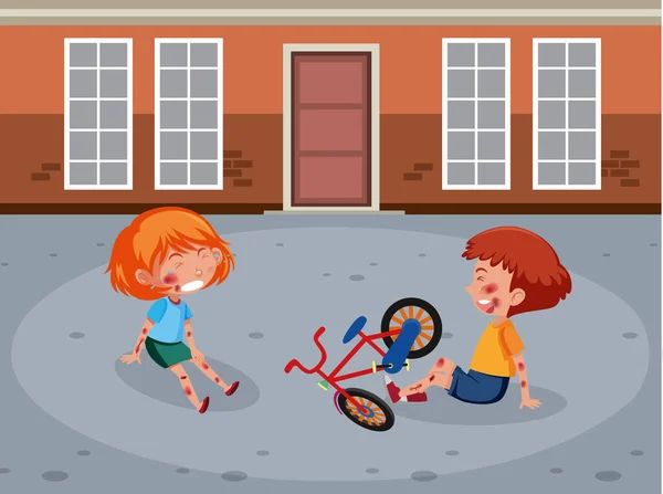 Dos Niños Heridos Mejilla Brazo Montar Bicicleta Calle Ilustración Escena — Vector de stock