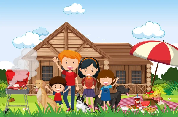 Scena Piknik Szczęśliwą Rodziną Ogrodzie Ilustracja — Wektor stockowy