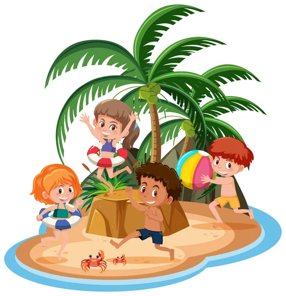 Bambini Sull Isola Illustrazione Isolata — Vettoriale Stock