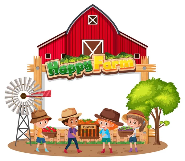 Чистый Баннер Логотипом Happy Farm Детишками Фермерами Белом Фоне — стоковый вектор