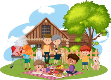 Bahçede mutlu aile pikniği