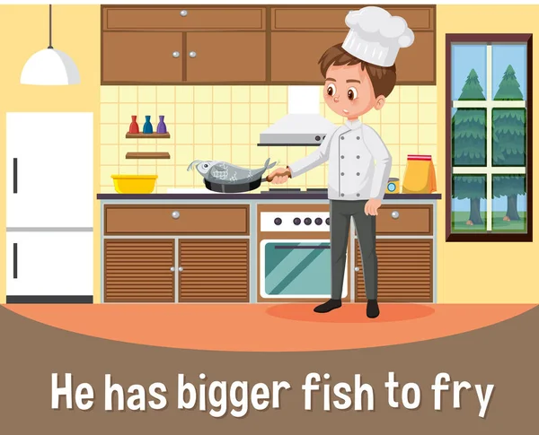 Anglický Idiom Popisem Obrázku Pro Větší Ryby Smažení Ilustrace — Stockový vektor
