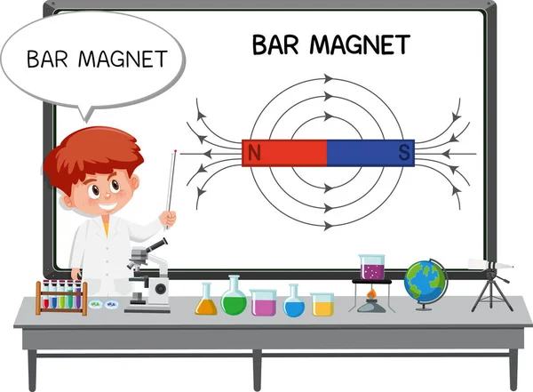 Young Scientist Explaining Bar Magnet Illustration — Stock Vector