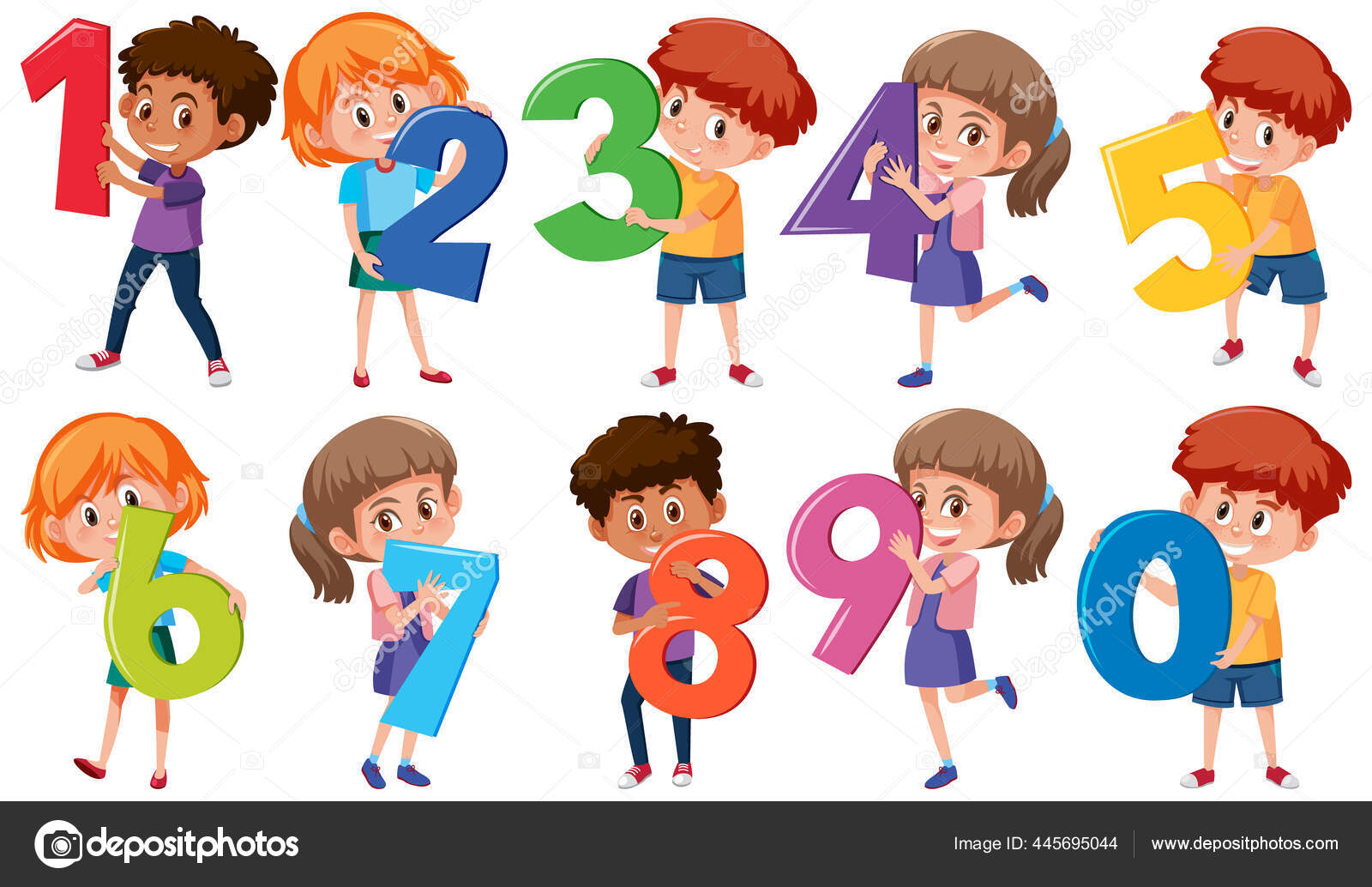Conjunto Diferentes Niños Sosteniendo Los Números Aislados Ilustración  Fondo Blanco Vector de stock #445695044 de ©brgfx, image size:1600x1034