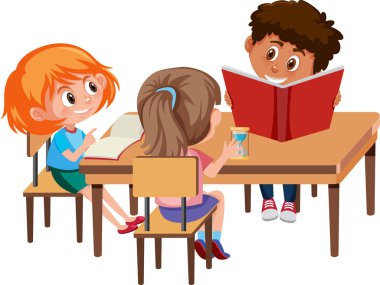 Beyaz arkaplan illüstrasyonu üzerine ödev yapan bir grup öğrenci