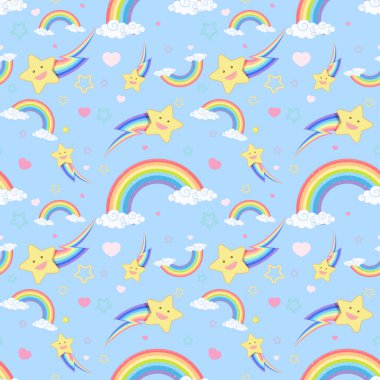 Parlak mavi arkaplan çiziminde bulutlu ve yıldız desenli kusursuz gökkuşağı.
