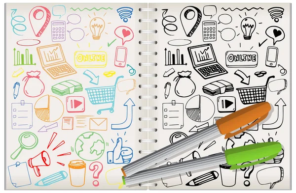 Conjunto Elementos Mídia Social Doodle Ilustração Caderno — Vetor de Stock