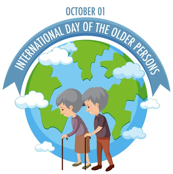 国際高齢者の日10月1日のロゴと古いカップルイラスト — ストックベクタ