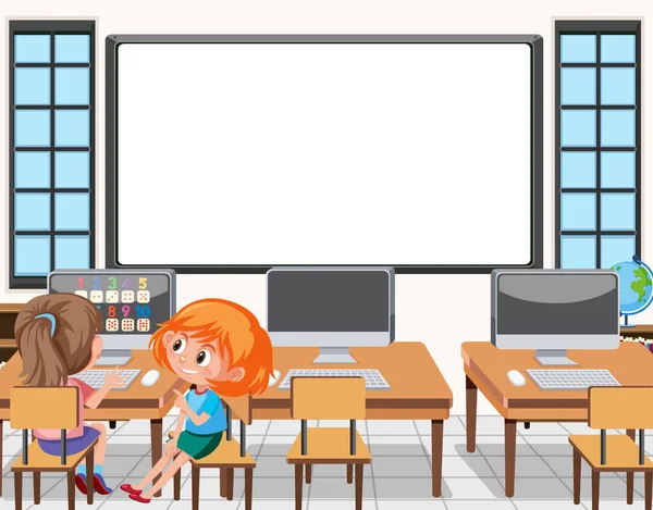 Young Student Using Computer Classroom Scene Illustration — Stock Vector