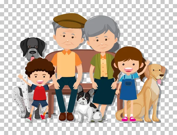 Old Couple Grandchild Pet Dogs Isolated Transparent Background Illustration — Stock Vector