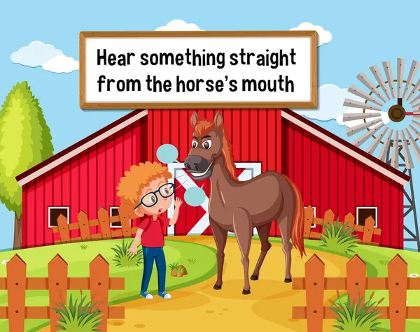 English Idiom Picture Description Hear Something Straight Horse Mouth Illustration — стоковый вектор