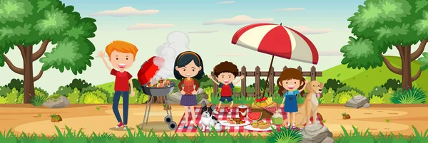 Feliz Picnic Familiar Paisaje Horizontal Del Jardín Durante Día Ilustración — Vector de stock