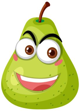 Beyaz armut illüstrasyonunda gülen yüz ifadesi olan yeşil armut çizgi film karakteri