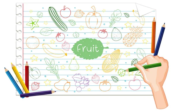 Mão Desenho Muitos Frutos Doodle Ilustração Papel — Vetor de Stock