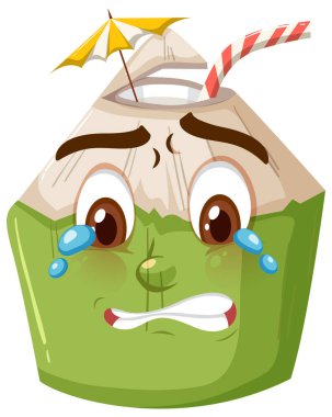 Beyaz arkaplanda ağlayan yüz ifadesi olan şirin hindistan cevizi çizgi film karakteri