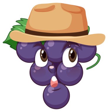 Yüz ifadesi çizimi olan üzüm karikatürü karakteri