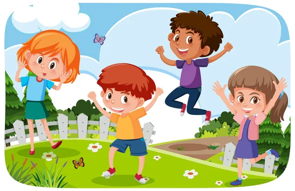 Niños Felices Jugando Aire Libre Fondo Ilustración — Archivo Imágenes Vectoriales