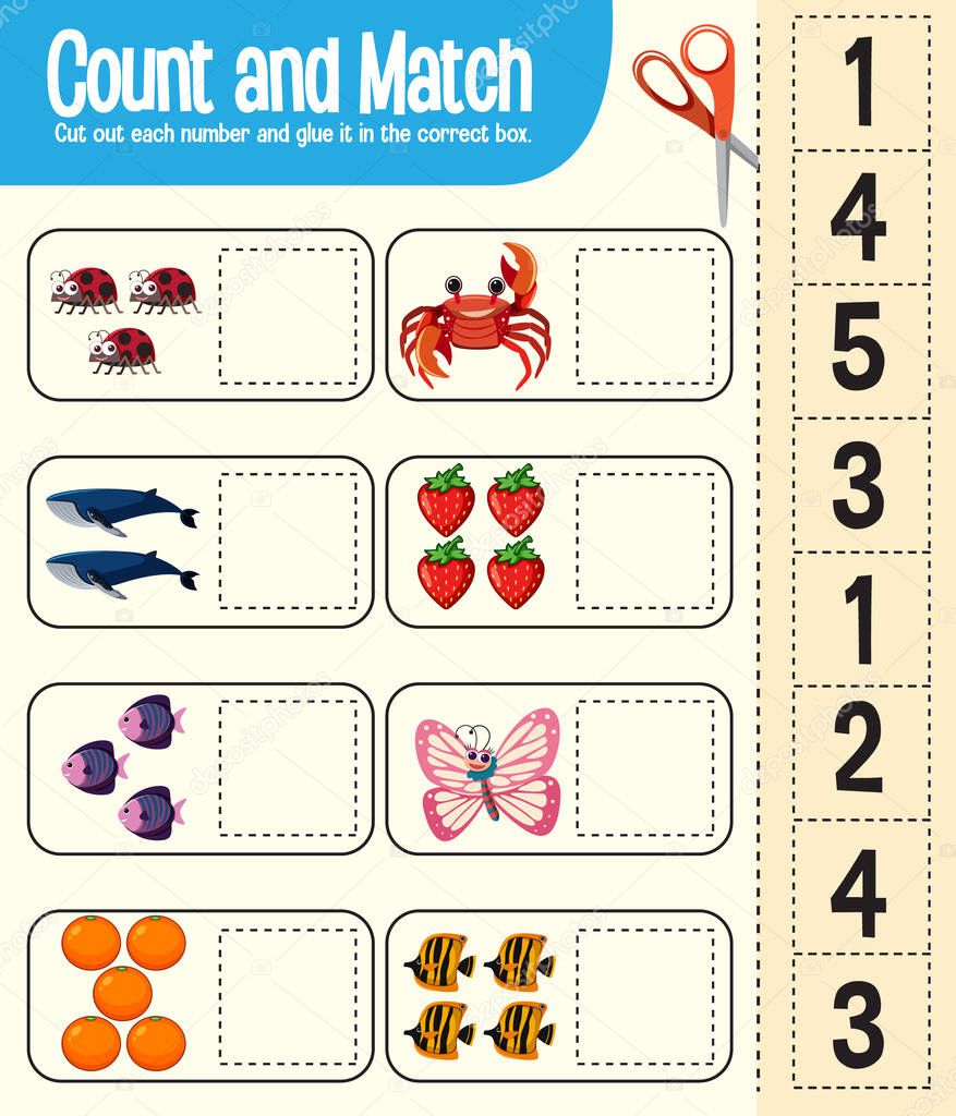 Count and match game, maths worksheet for children illustration