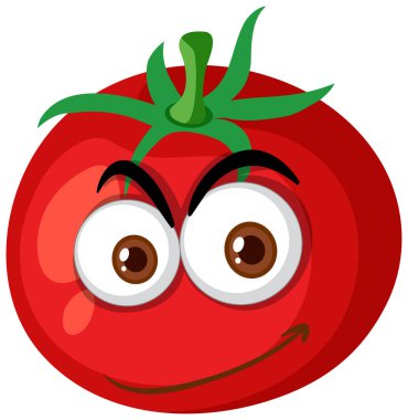 Beyaz arkaplan illüstrasyonunda mutlu yüz ifadesi olan domates çizgi film karakteri