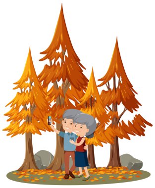 Park illüstrasyonunda yaşlı bir çiftle izole edilmiş bir sahne.