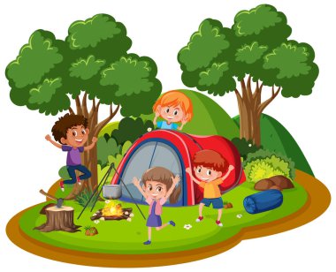 Orman resimlerinde kamp yapan mutlu çocuklar.