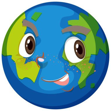 Beyaz arkaplan çiziminde gülen yüz ifadesi olan Dünya çizgi film karakteri