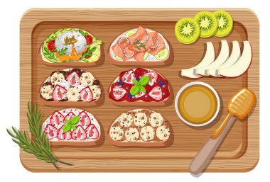 Kesme tahtasındaki kahvaltı setinin üst görüntüsü izole edilmiş.