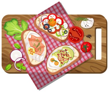 Kesme tahtasındaki kahvaltı setinin üst görüntüsü izole edilmiş.