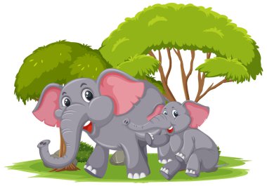 Annem ve genç fillerin resimleriyle izole edilmiş bir sahne.