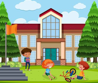 Okulun olay yerinde bisiklet sürerken iki çocuk yanağından ve kolundan yaralanmış.