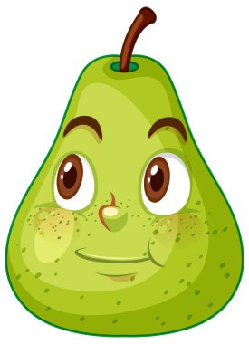 Beyaz armut illüstrasyonunda gülen yüz ifadesi olan yeşil armut çizgi film karakteri