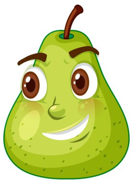 Beyaz armut illüstrasyonunda gülen yüz ifadesi olan yeşil armut çizgi film karakteri