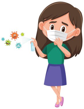 Bir kız maske takıyor ve virüs çizgi film karakteri çizimi için alkol dezenfektanı kullanıyor.