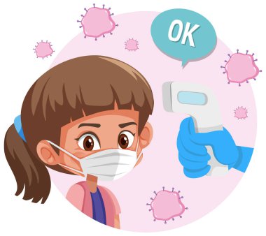 Maske takan bir kız vücut ısısını ölçüyor.