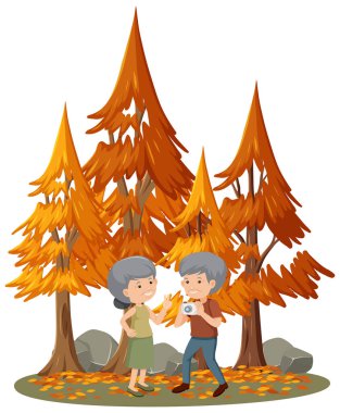 Park illüstrasyonunda yaşlı bir çiftle izole edilmiş bir sahne.