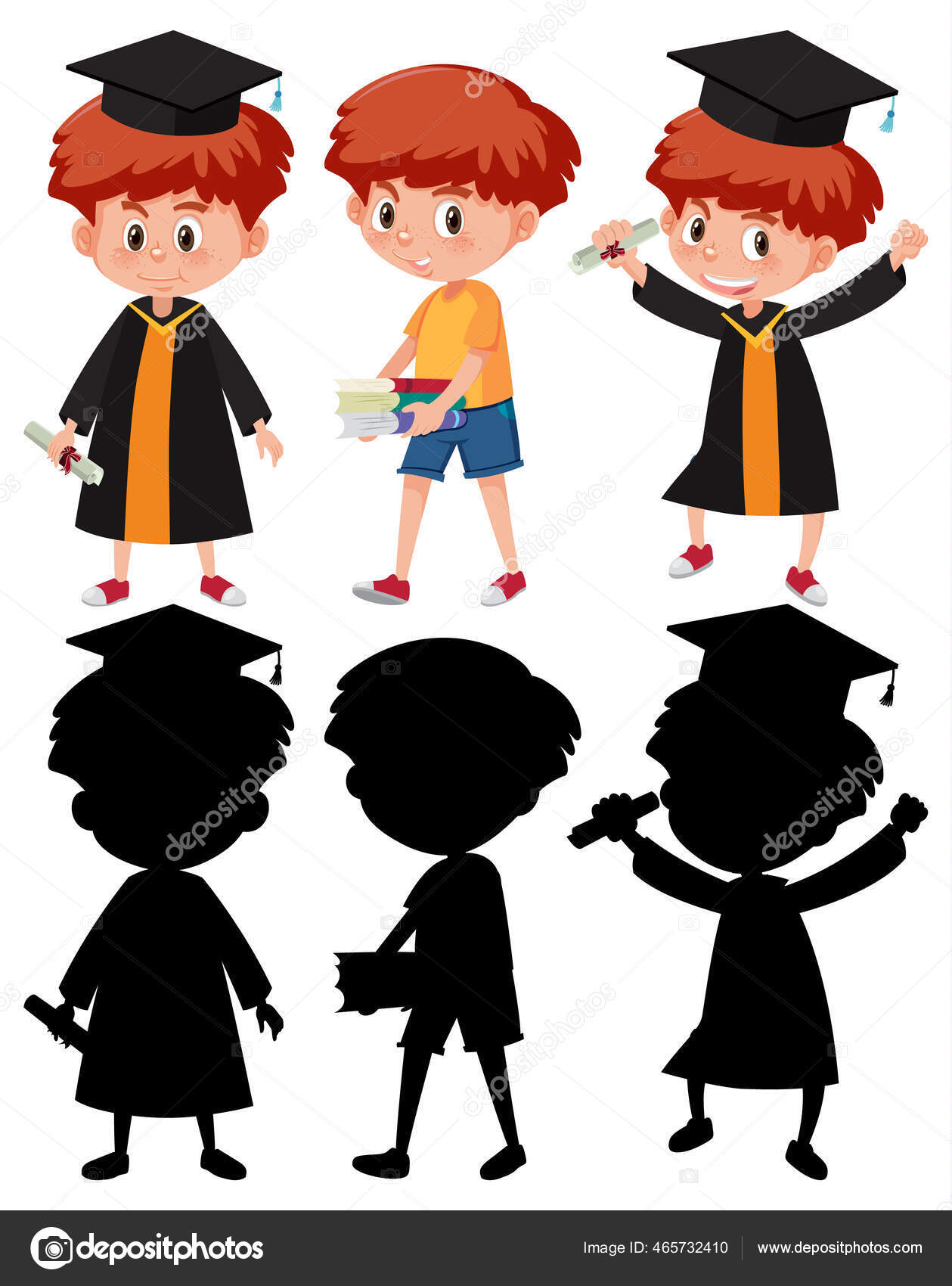 一组穿着不同体位毕业礼服的男孩带着剪贴画图库矢量图©brgfx 465732410, image size:1259x1700