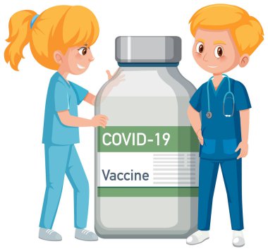 Covid-19 aşı şişesi illüstrasyonu olan doktorların çizgi film karakteri