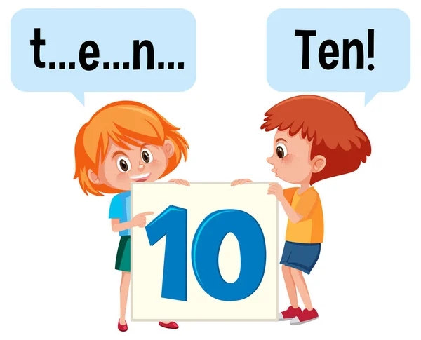 两个孩子的卡通人物拼出了数字10的图解 — 图库矢量图片