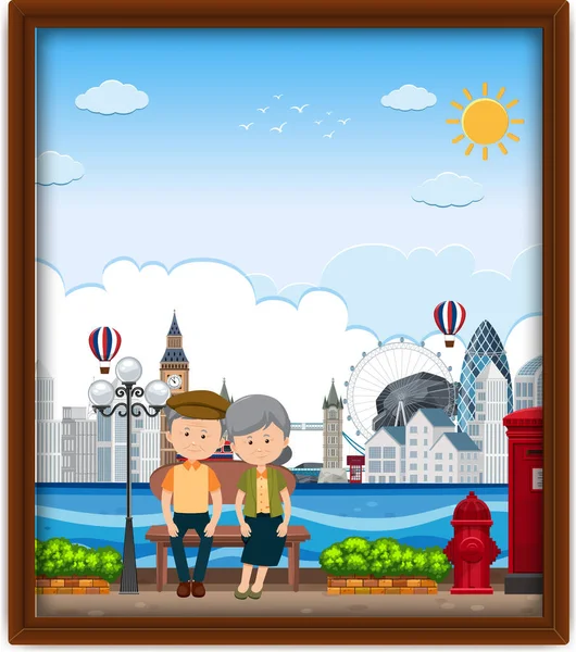 Cadre Photo Avec Vieux Couple Voyageant Londres Illustration — Image vectorielle