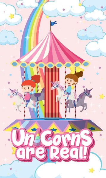 Unicorns Zijn Echt Lettertype Met Kinderen Die Carrousel Illustratie Spelen — Stockvector