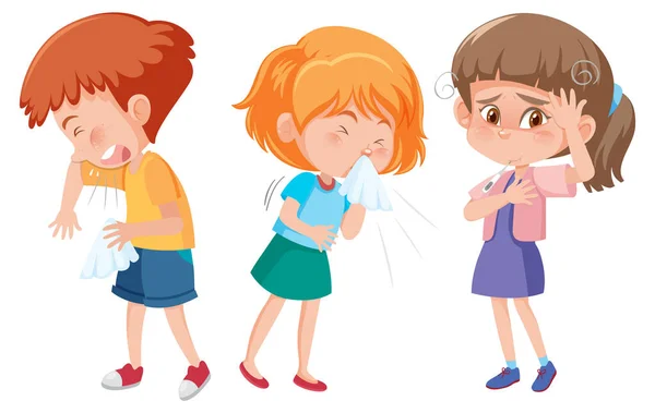 Set Verschiedener Kinder Zeichentrickfiguren Haben Grippe Symptom Illustration — Stockvektor