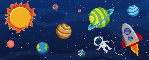 Muitos Planetas Galáxia Com Astronauta Foguete Ilustração — Vetor de Stock