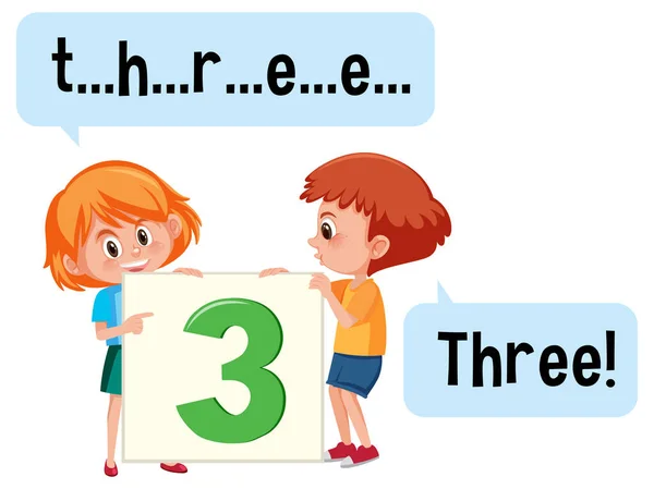 Zeichentrickfigur Von Zwei Kindern Die Die Zahl Drei Buchstabieren — Stockvektor