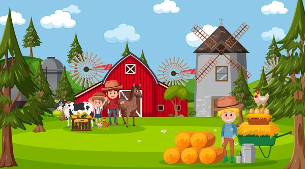 多くの子供や農場の動物のイラストと農場のシーン — ストックベクタ