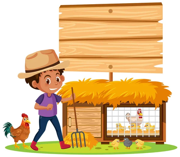 白色背景图上印有一个男孩和一个动物农场的空横幅 — 图库矢量图片