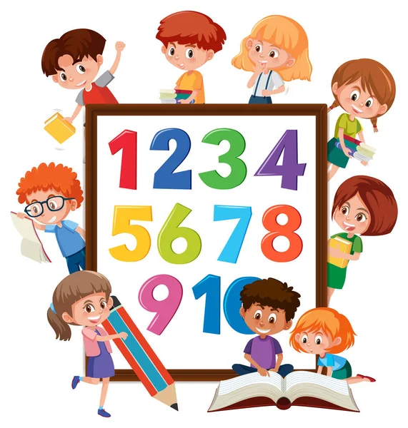 Numéro Sur Bannière Avec Nombreux Enfants Faisant Différentes Activités Illustration — Image vectorielle
