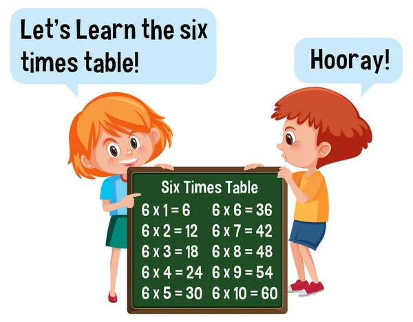 两个小孩拿着六倍桌子横幅插图的卡通角色 — 图库矢量图片